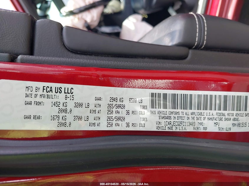 2015 Jeep Grand cherokee VIN 1C4RJECG2FC113403 IAAI salvage auction — FRONT END, Salvage Certificate (California), sold $675 on 2026-07-10 (photo 9)