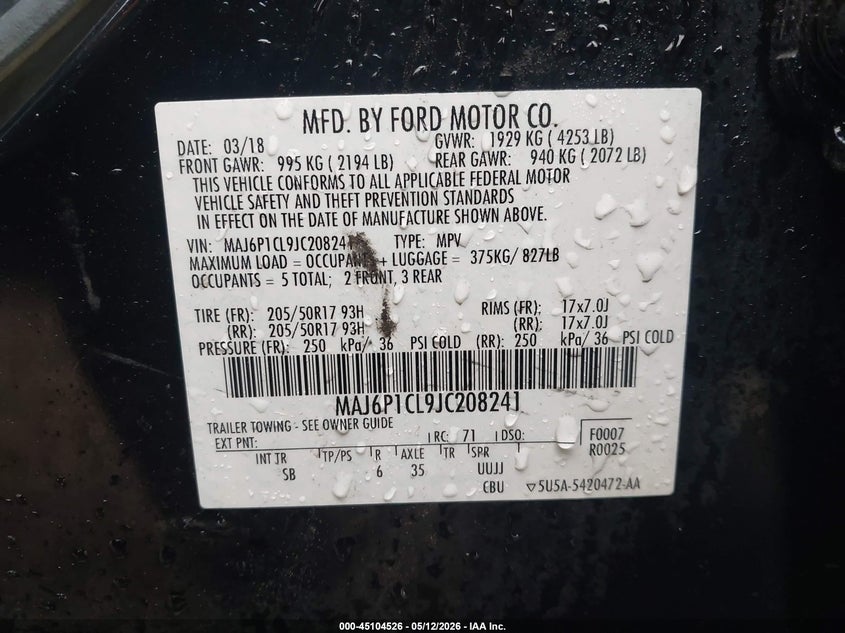 2018 Ford Ecosport VIN MAJ6P1CL9JC208241 IAAI salvage auction — RIGHT SIDE, Clear Salvage History (California), sold $1,250 on 2026-07-29 (photo 9)