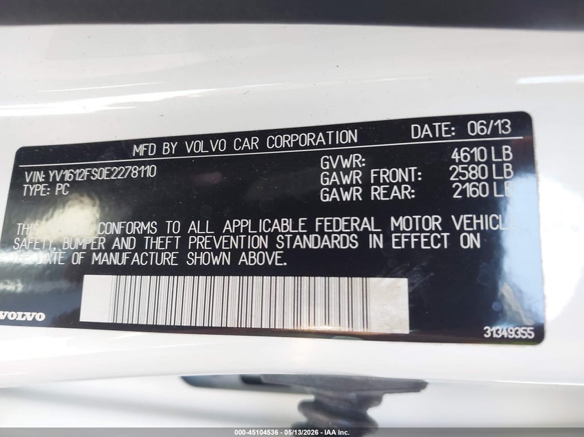 2014 Volvo S60 VIN YV1612FS0E2278110 IAAI salvage auction — RIGHT SIDE, Salvage (California), sold $600 on 2026-07-09 (photo 9)