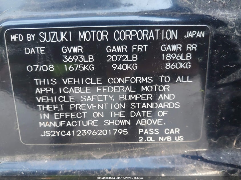 2009 Suzuki Sx4 VIN JS2YC412396201795 IAAI salvage auction — UNKNOWN, Salvage (Illinois), sold $200 on 2026-07-14 (photo 9)