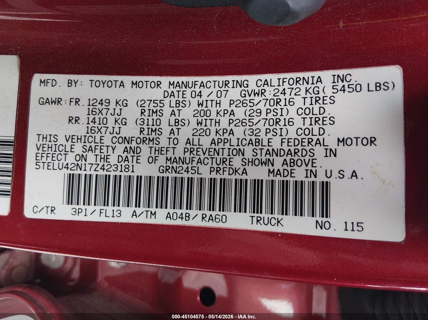 2007 Toyota Tacoma VIN 5TELU42N17Z423181 IAAI salvage auction — FRONT END, Bill Of Sale (Washington), sold $4,150 on 2026-07-08 (photo 9)