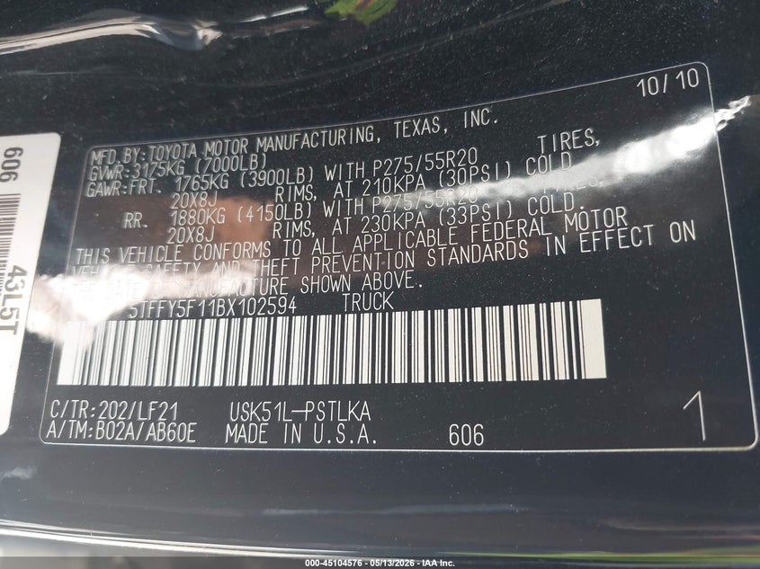 2011 Toyota Tundra VIN 5TFFY5F11BX102594 IAAI salvage auction — LEFT FRONT, Salvage (North Carolina), sold $4,700 on 2026-07-23 (photo 9)