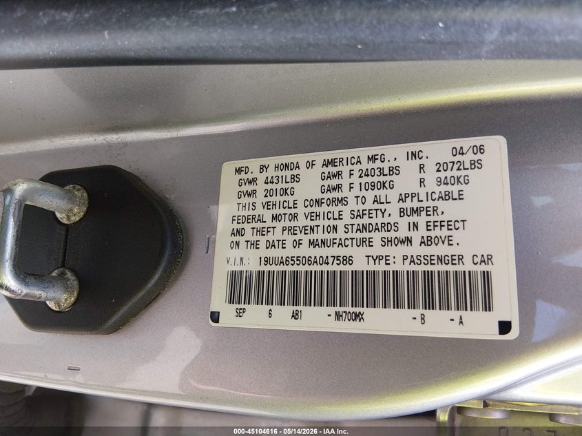 2006 Acura Tl VIN 19UUA65506A047586 IAAI salvage auction — RIGHT FRONT, Salvage (Colorado), sold $550 on 2026-07-28 (photo 9)