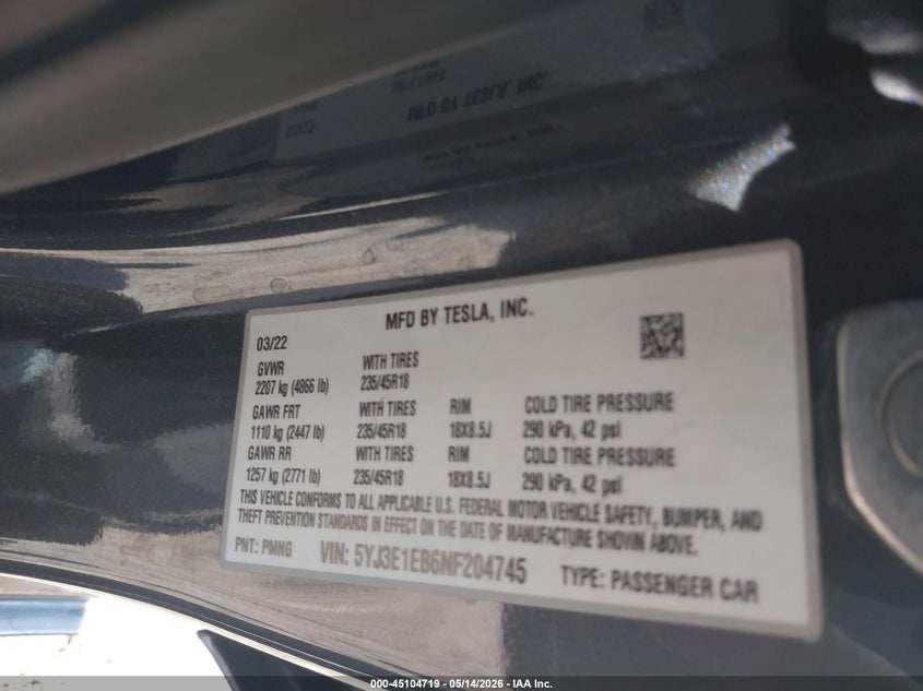 2022 Tesla Model 3 VIN 5YJ3E1EB6NF204745 IAAI salvage auction — FRONT END, Salvage (California), sold $3,800 on 2026-07-09 (photo 9)
