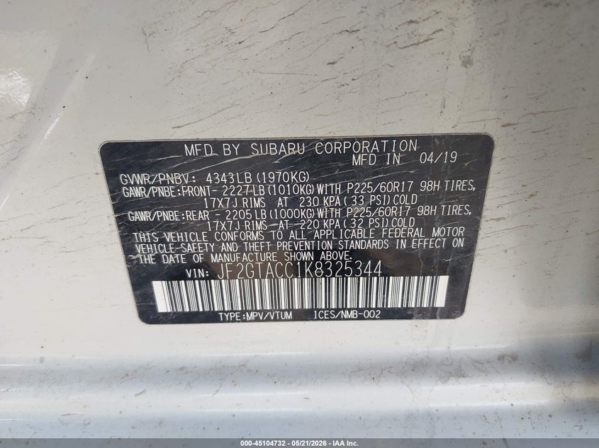 2019 Subaru Xv VIN JF2GTACC1K8325344 IAAI salvage auction — FRONT END, Salvage (Montana), sold $1,050 on 2026-07-15 (photo 9)