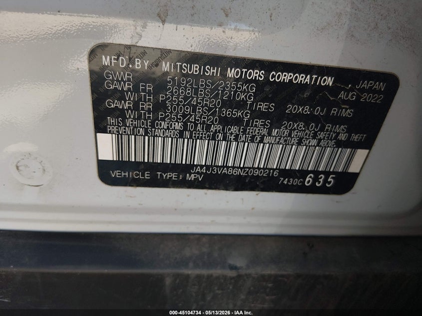 2022 Mitsubishi Outlander VIN JA4J3VA86NZ090216 IAAI salvage auction — WATER/FLOOD, Salvage (Texas), sold $4,850 on 2026-07-21 (photo 9)