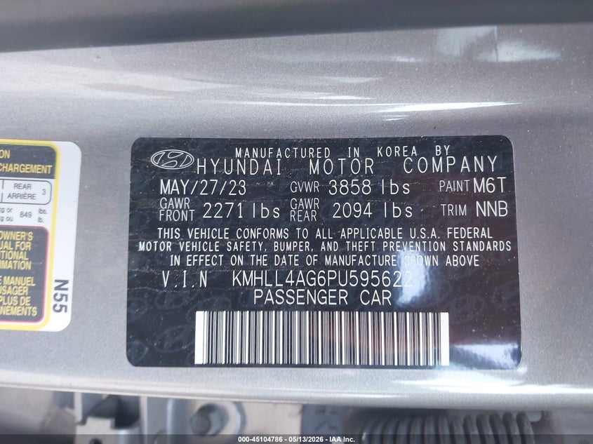2023 Hyundai Elantra VIN KMHLL4AG6PU595622 IAAI salvage auction — FRONT END, Salvage (Colorado), sold $1,425 on 2026-07-17 (photo 9)