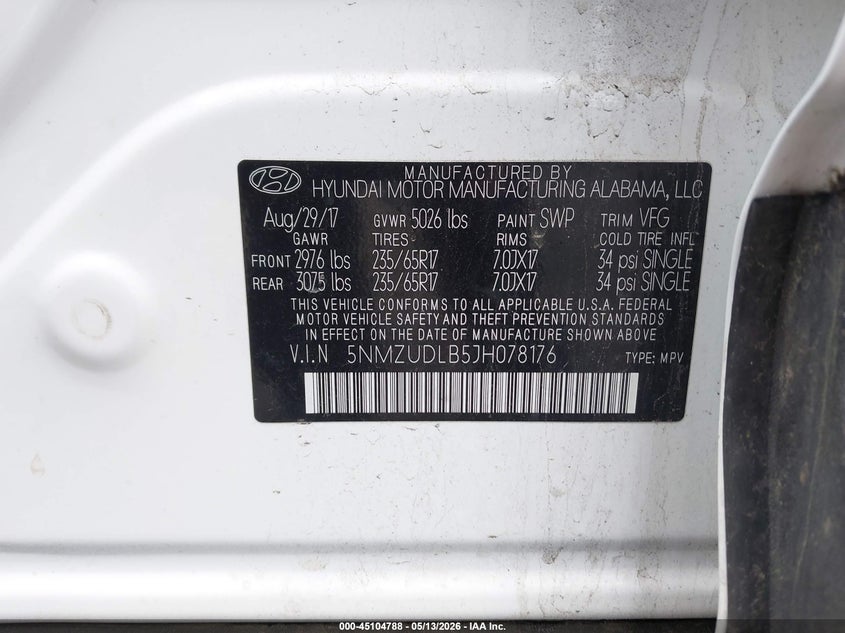 2018 Hyundai Santa fe VIN 5NMZUDLB5JH078176 IAAI salvage auction — FRONT END, Mv-907A (New York), sold $1,950 on 2026-07-25 (photo 9)