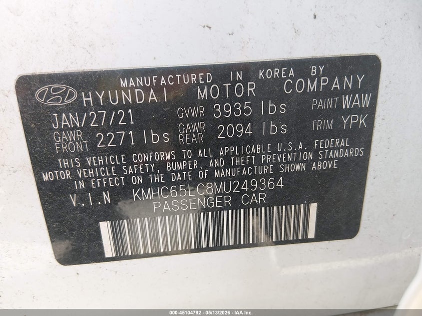 2021 Hyundai Ioniq VIN KMHC65LC8MU249364 IAAI salvage auction — RIGHT SIDE, Salvage (Colorado), sold $5,275 on 2026-07-31 (photo 9)