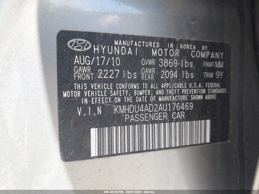 2010 Hyundai Elantra VIN KMHDU4AD2AU176469 IAAI salvage auction — HAIL, Salvage (Iowa), sold $450 on 2026-07-20 (photo 9)