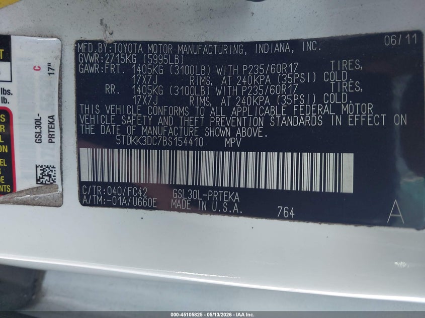 2011 Toyota Sienna VIN 5TDKK3DC7BS154410 IAAI salvage auction — FRONT END, Salvage (Georgia), sold $1,400 on 2026-07-22 (photo 9)