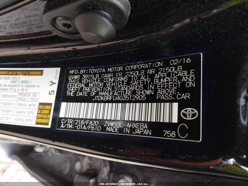 2016 Toyota Prius VIN JTDKBRFU4G3512905 IAAI salvage auction — FRONT & REAR, Clear (Indiana), sold $2,300 on 2026-07-22 (photo 9)