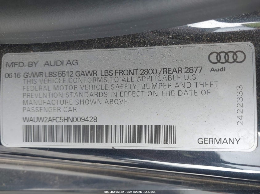 2017 Audi A7 VIN WAUW2AFC5HN009428 IAAI salvage auction — FRONT END, Salvage (Georgia), sold $2,825 on 2026-07-24 (photo 9)
