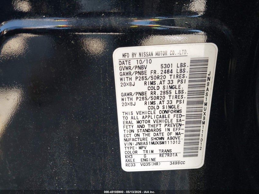 2011 Infiniti Fx VIN JN8AS1MUXBM111012 IAAI salvage auction — FRONT & REAR, Salvage (Georgia), sold $450 on 2026-07-15 (photo 9)