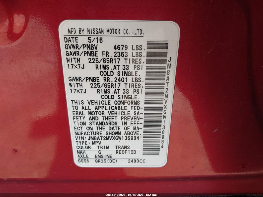2016 Nissan Rogue VIN JN8AT2MVXGW136984 IAAI salvage auction — FRONT END, Clear (Indiana), sold $250 on 2026-07-28 (photo 9)