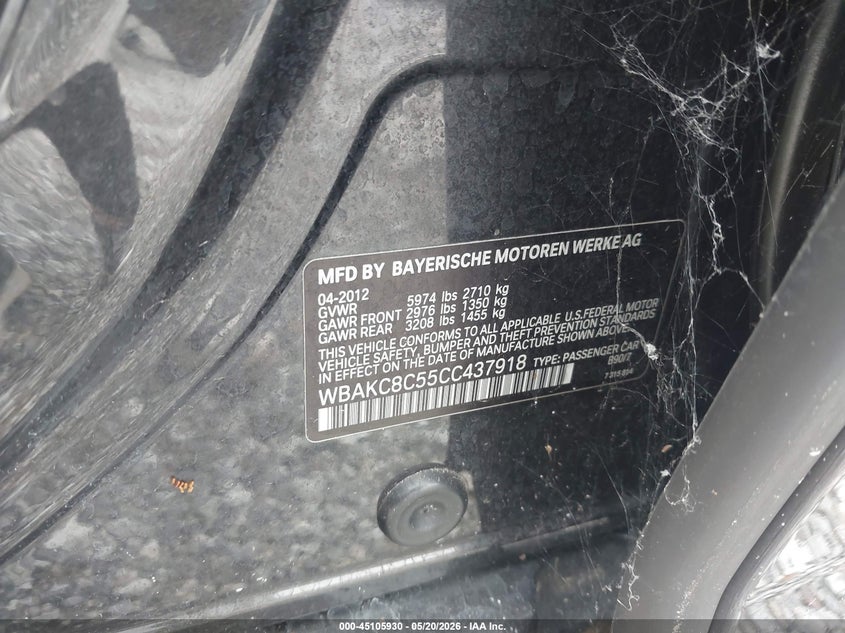 2012 BMW 7er VIN WBAKC8C55CC437918 IAAI salvage auction — NORMAL WEAR, Salvage (Missouri), sold $700 on 2026-07-27 (photo 9)