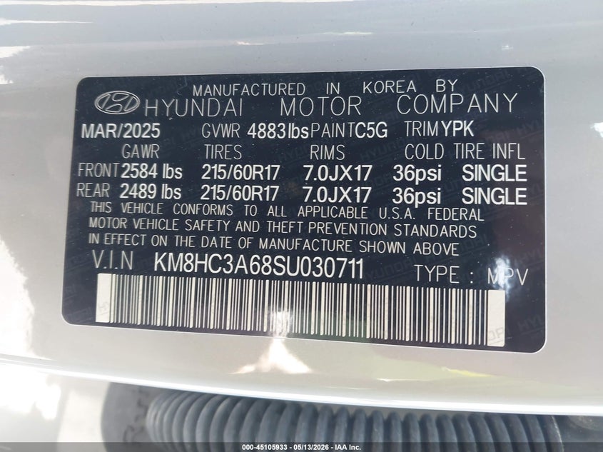 2025 Hyundai Kona VIN KM8HC3A68SU030711 IAAI salvage auction — FRONT END, Salvage (North Carolina), sold $10,000 on 2026-07-10 (photo 9)