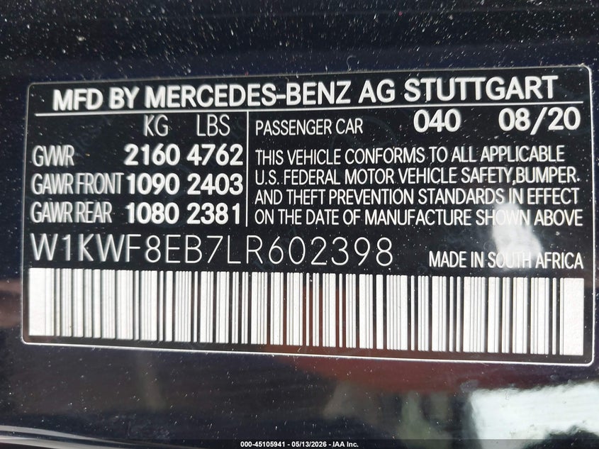 2020 Mercedes-benz C-klasse VIN W1KWF8EB7LR602398 IAAI salvage auction — LEFT SIDE, Salvage (South Carolina), sold $7,950 on 2026-07-07 (photo 9)
