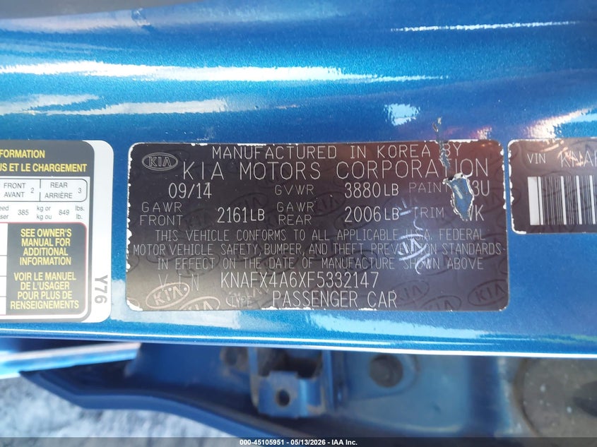 2015 Kia Forte VIN KNAFX4A6XF5332147 IAAI salvage auction — FRONT END, Clear (Wisconsin), sold $425 on 2026-07-23 (photo 9)