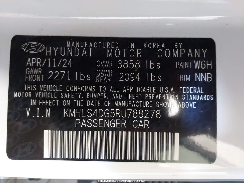 2024 Hyundai Elantra VIN KMHLS4DG5RU788278 IAAI salvage auction — FRONT END, Regular (South Dakota), sold $4,400 on 2026-07-17 (photo 9)