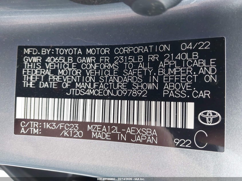 2022 Toyota Corolla VIN JTDS4MCE0NJ097892 IAAI salvage auction — LEFT SIDE, Salvage - 75% Or Less (Maryland), sold $7,000 on 2026-07-06 (photo 9)