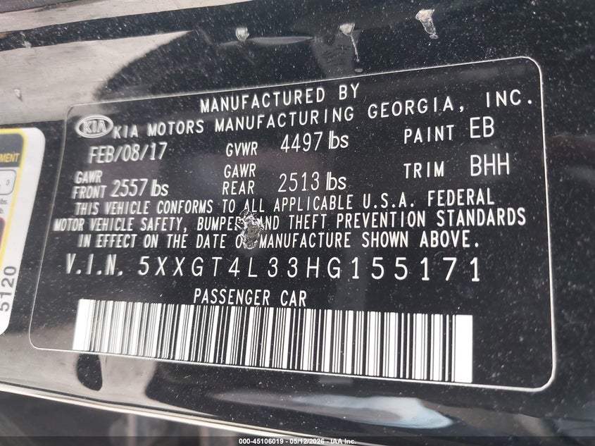 2017 Kia Optima VIN 5XXGT4L33HG155171 IAAI salvage auction — UNKNOWN, Salvage (Illinois), sold $475 on 2026-07-14 (photo 9)