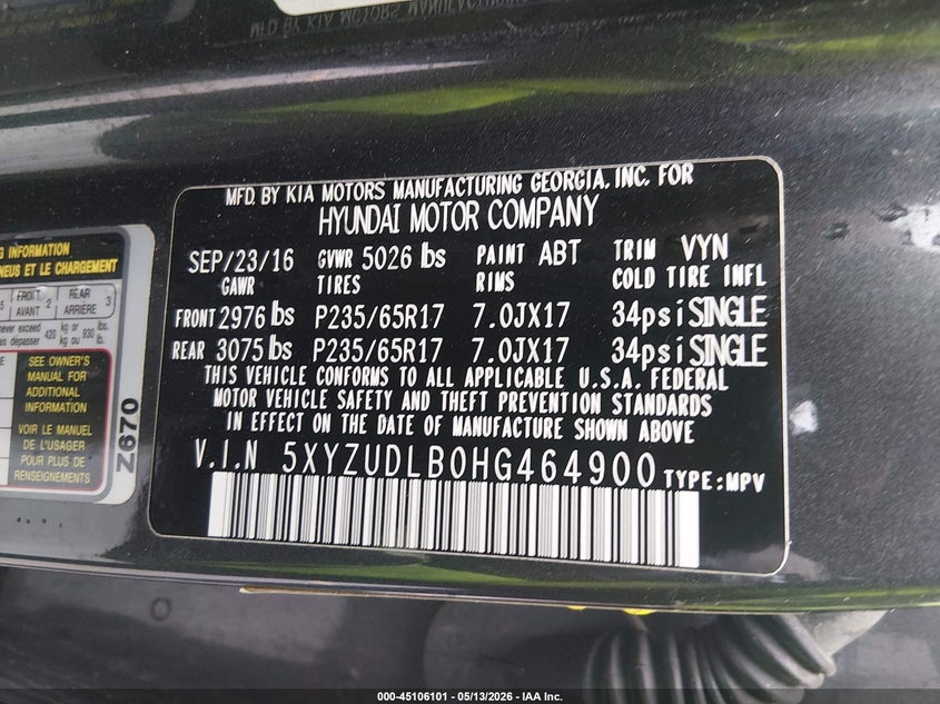 2017 Hyundai Santa fe VIN 5XYZUDLB0HG464900 IAAI salvage auction — SIDE, Salvage (Idaho), sold $2,550 on 2026-07-16 (photo 9)