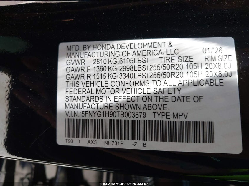 2026 Honda Pilot VIN 5FNYG1H90TB003879 IAAI salvage auction — FRONT END, Salvage Title, sold $15,100 on 2026-07-31 (photo 9)