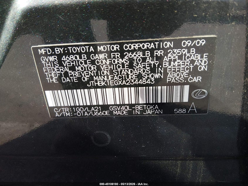 2010 Lexus Es 350 VIN JTHBK1EGXA2344843 IAAI salvage auction — WATER/FLOOD, Salvage (New Jersey), sold $500 on 2026-07-20 (photo 9)