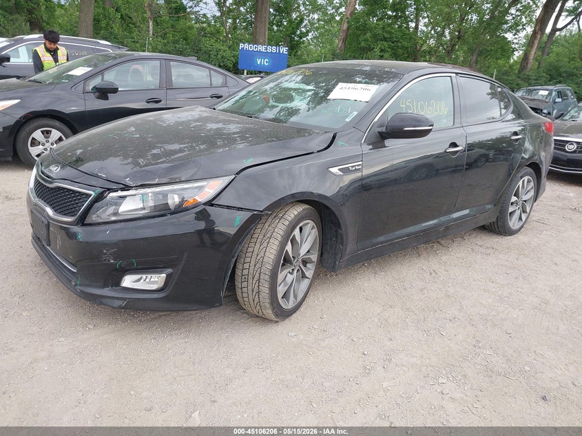 2014 Kia Optima VIN 5XXGR4A67EG295389 IAAI salvage auction — LEFT FRONT, Clear (Indiana), sold $25 on 2026-07-29 (photo 2)