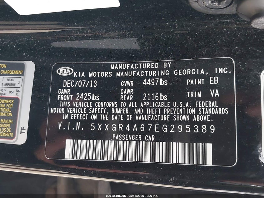 2014 Kia Optima VIN 5XXGR4A67EG295389 IAAI salvage auction — LEFT FRONT, Clear (Indiana), sold $25 on 2026-07-29 (photo 9)