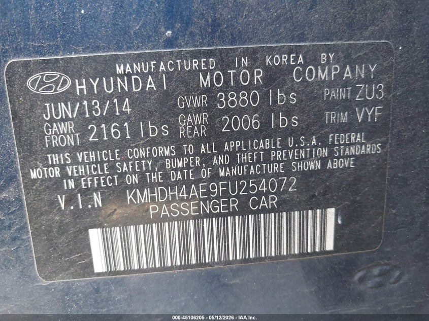 2015 Hyundai Elantra VIN KMHDH4AE9FU254072 IAAI salvage auction — THEFT, Salvage (Texas), sold $1,150 on 2026-07-16 (photo 9)
