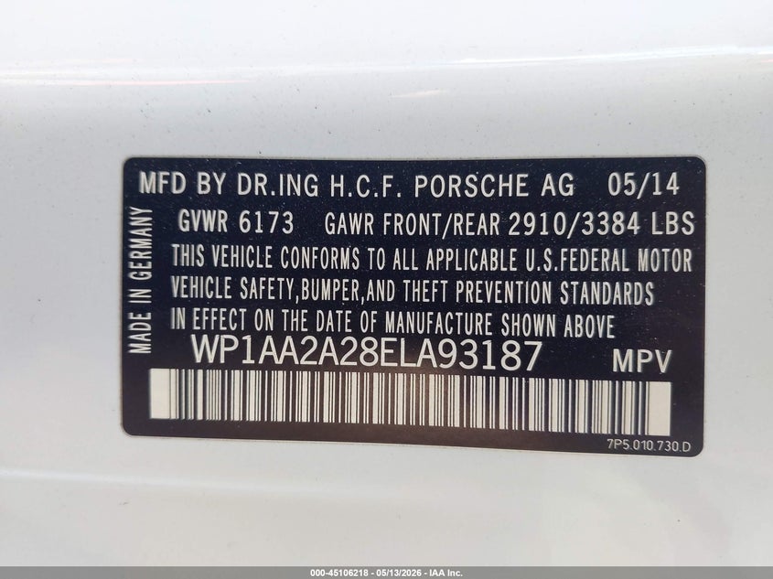 2014 Porsche Cayenne VIN WP1AA2A28ELA93187 IAAI salvage auction — UNKNOWN, Salvage (Nevada), sold $3,650 on 2026-07-31 (photo 9)