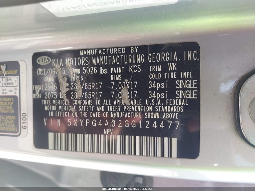 2016 Kia Sorento VIN 5XYPG4A32GG124477 IAAI salvage auction — FRONT END, Original (Texas), sold $25 on 2026-07-30 (photo 9)