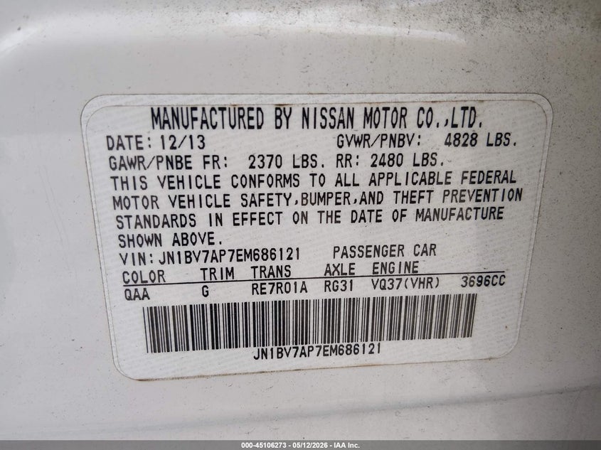 2014 Infiniti Q50 VIN JN1BV7AP7EM686121 IAAI salvage auction — FRONT END, Salvage (Georgia), sold $25 on 2026-07-16 (photo 9)