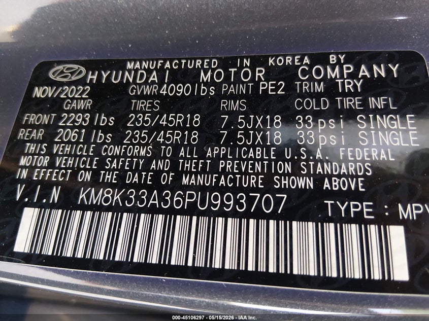 2023 Hyundai Kona VIN KM8K33A36PU993707 IAAI salvage auction — ALL OVER, Certificate Of Destruction (Florida), sold $625 on 2026-07-28 (photo 9)