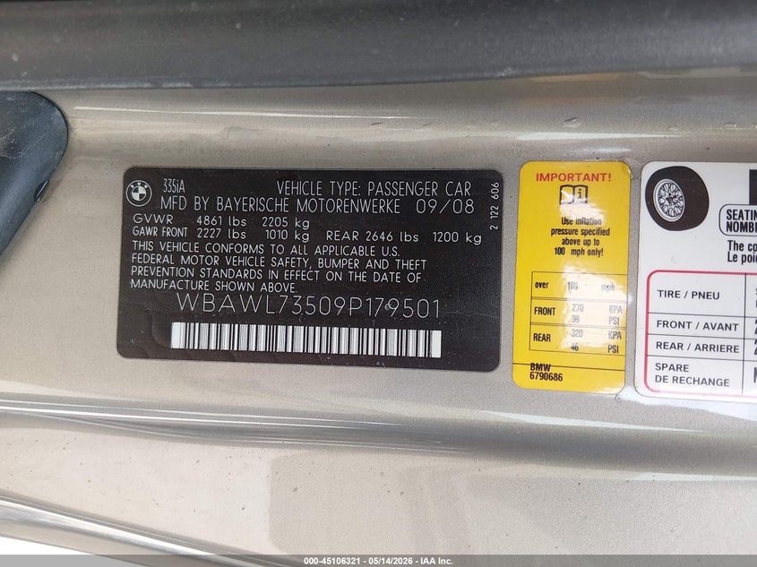 2009 BMW 3 series VIN WBAWL73509P179501 IAAI salvage auction — RIGHT SIDE, Salvage (Maine), sold $1,350 on 2026-07-06 (photo 9)