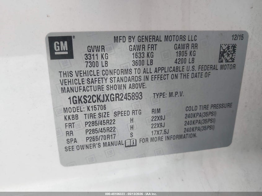 2016 Gmc Yukon VIN 1GKS2CKJXGR245893 IAAI salvage auction — FRONT END, Salvage (Massachusetts), sold $8,100 on 2026-07-31 (photo 9)