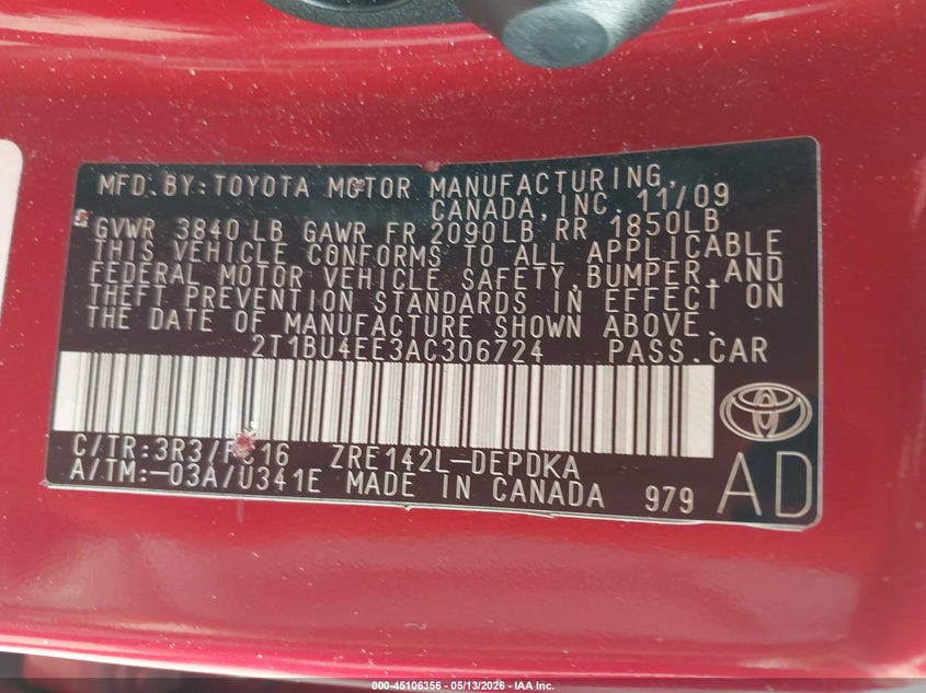 2010 Toyota Corolla VIN 2T1BU4EE3AC306724 IAAI salvage auction — ROLLOVER, Salvage (Alabama), sold $250 on 2026-07-19 (photo 9)