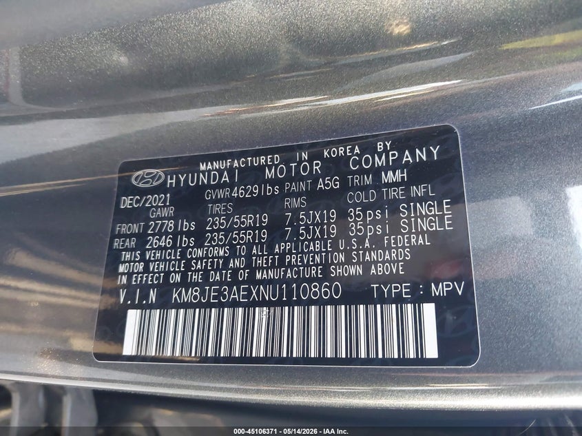 2022 Hyundai Tucson VIN KM8JE3AEXNU110860 IAAI salvage auction — RIGHT FRONT, Original (Texas), sold $8,600 on 2026-07-28 (photo 9)