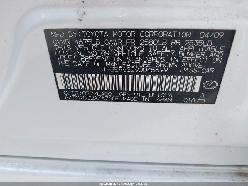 2009 Lexus Gs VIN JTHBE96S290045699 IAAI salvage auction — FRONT END, Salvage (Louisiana), sold $1,000 on 2026-07-21 (photo 9)