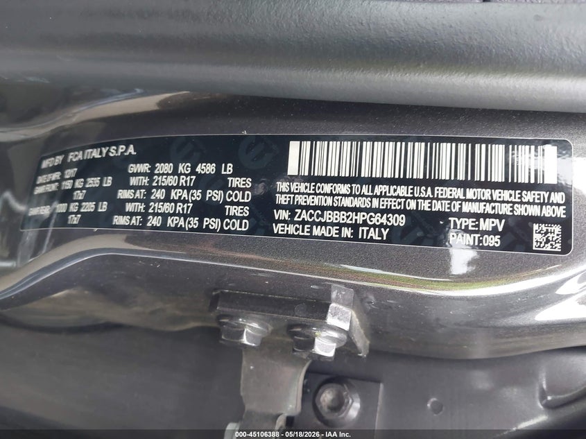 2017 Jeep Renegade VIN ZACCJBBB2HPG64309 IAAI salvage auction — FRONT END, Clear (Indiana), sold $1,300 on 2026-07-29 (photo 9)