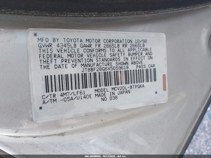 1999 Lexus Es 300 VIN JT8BF28G6X5059618 IAAI salvage auction — LEFT REAR, Salvage (Idaho), sold $125 on 2026-07-14 (photo 9)