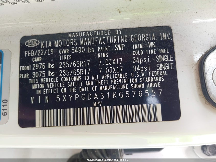 2019 Kia Sorento VIN 5XYPGDA31KG576557 IAAI salvage auction — FRONT END, Salvage (Pennsylvania), sold $2,250 on 2026-07-28 (photo 9)