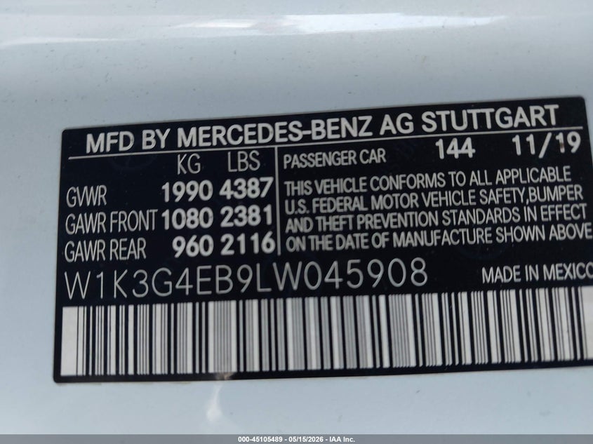2020 Mercedes-benz A-klasse VIN W1K3G4EB9LW045908 IAAI salvage auction — RIGHT SIDE, Salvage (Texas), sold $3,550 on 2026-07-06 (photo 9)