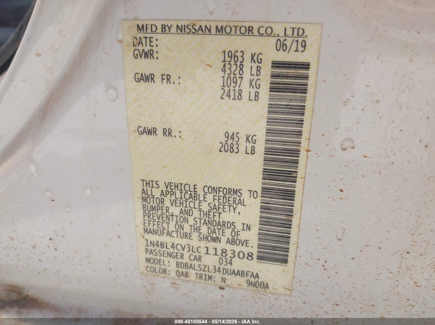 2020 Nissan Altima VIN 1N4BL4CV3LC118308 IAAI salvage auction — FRONT END, Salvage (North Carolina), sold $550 on 2026-07-12 (photo 9)