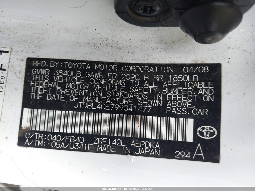 2009 Toyota Corolla VIN JTDBL40E799041477 IAAI salvage auction — RIGHT SIDE, Rebuildable (Florida), sold $1,600 on 2026-07-07 (photo 9)