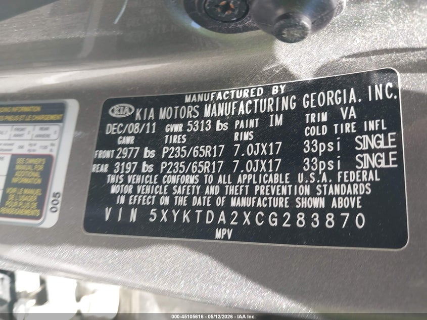 2012 Kia Sorento VIN 5XYKTDA2XCG283870 IAAI salvage auction — LEFT SIDE, Salvage (North Carolina), sold $650 on 2026-07-16 (photo 9)