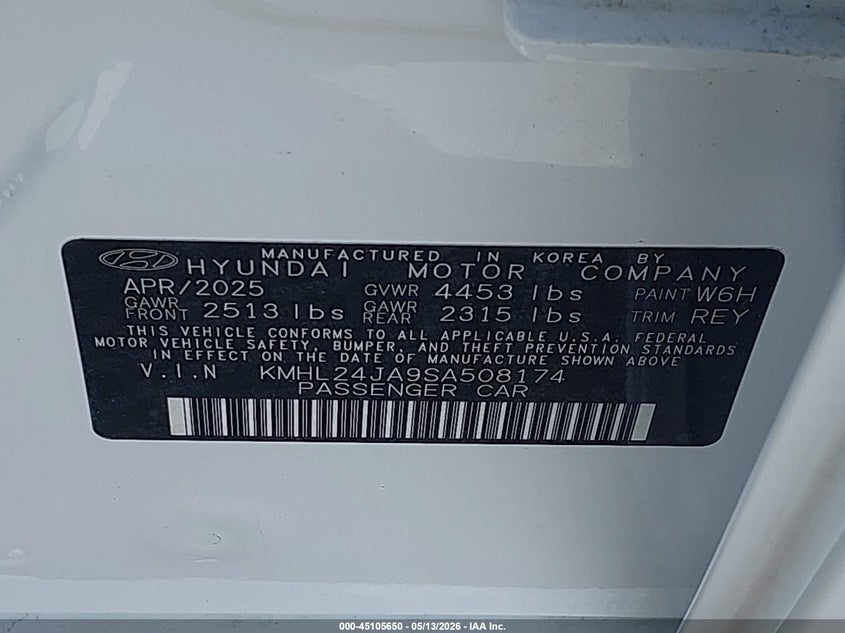 2025 Hyundai Sonata VIN KMHL24JA9SA508174 IAAI salvage auction — REAR END, Salvage (Indiana), sold $7,600 on 2026-07-23 (photo 9)