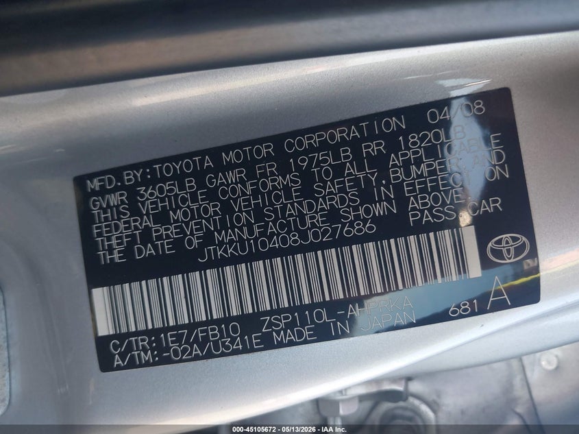 2008 Scion Xd VIN JTKKU10408J027686 IAAI salvage auction — FRONT END, Clear (Virginia), sold $175 on 2026-07-14 (photo 9)